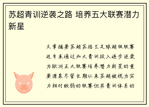 苏超青训逆袭之路 培养五大联赛潜力新星